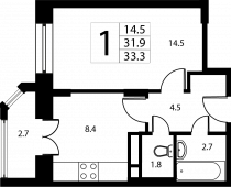 1-комнатная квартира 33,3 м²